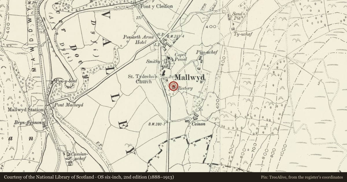 Ordnance Survey six-inch map, 2nd edition (1888–1913) covering the location of Y Rheithordy, Mawddwy, Gwynedd, with a pin at the register's coordinates