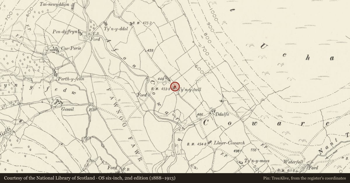 Ordnance Survey six-inch map, 2nd edition (1888–1913) covering the location of Ty'n y Twll, Mawddwy, Gwynedd, with a pin at the register's coordinates