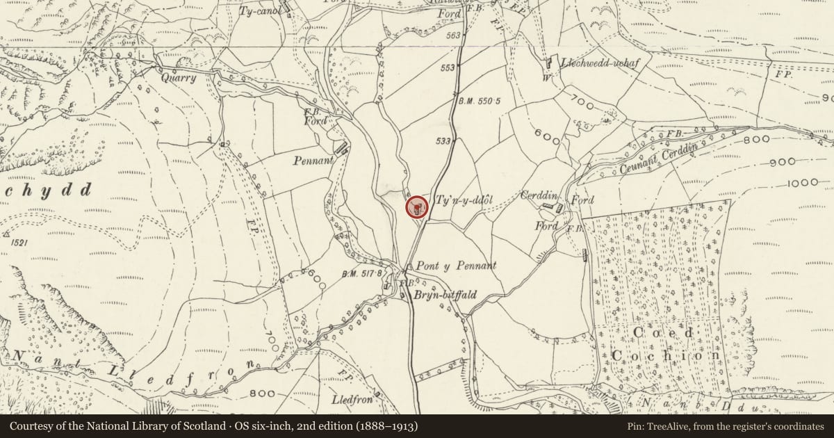 Ordnance Survey six-inch map, 2nd edition (1888–1913) covering the location of Ty'n-y-ddol, Mawddwy, Gwynedd, with a pin at the register's coordinates