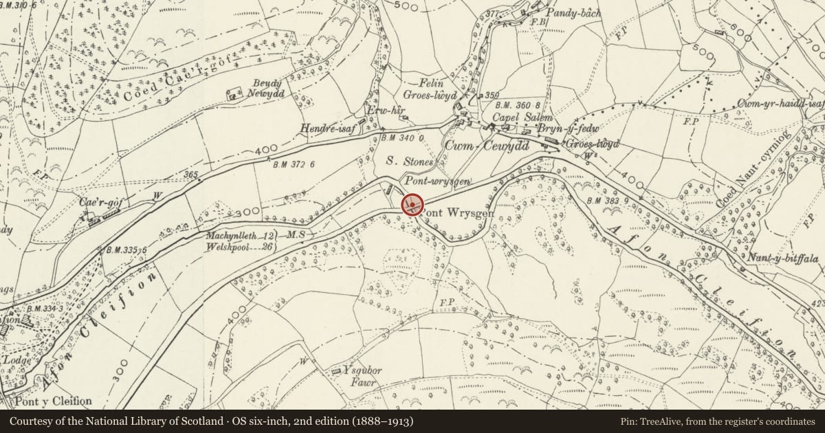 Ordnance Survey six-inch map, 2nd edition (1888–1913) covering the location of Pont Wrysgen, Mawddwy, Gwynedd, with a pin at the register's coordinates