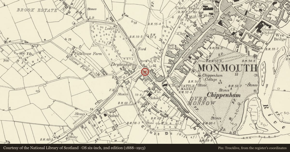 Ordnance Survey six-inch map, 2nd edition (1888–1913) covering the location of 24 Drybridge Street, Monmouth, Monmouthshire, with a pin at the register's coordinates