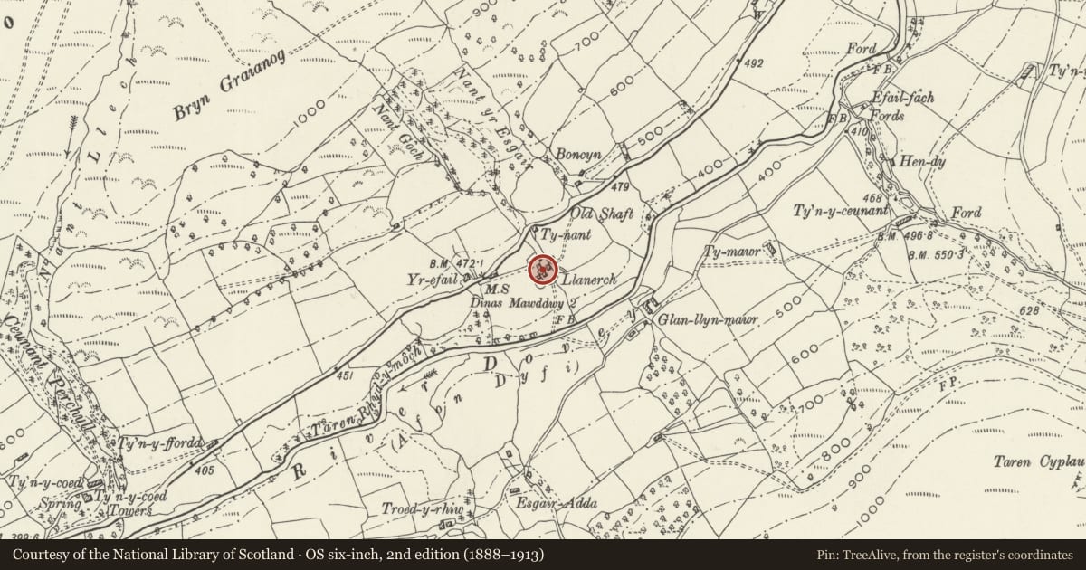 Ordnance Survey six-inch map, 2nd edition (1888–1913) covering the location of Llanerch, Mawddwy, Gwynedd, with a pin at the register's coordinates