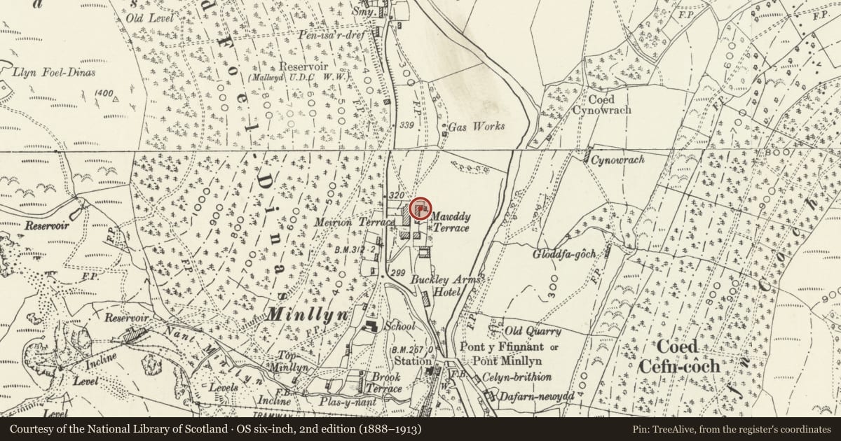 Ordnance Survey six-inch map, 2nd edition (1888–1913) covering the location of Cefn Coed, Mawddwy, Gwynedd, with a pin at the register's coordinates