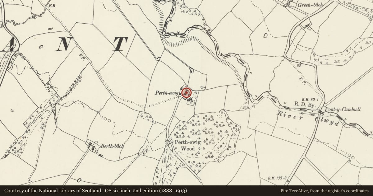 Ordnance Survey six-inch map, 2nd edition (1888–1913) covering the location of Barn to NW of Perthewig, Trefnant, Denbighshire, with a pin at the register's coordinates