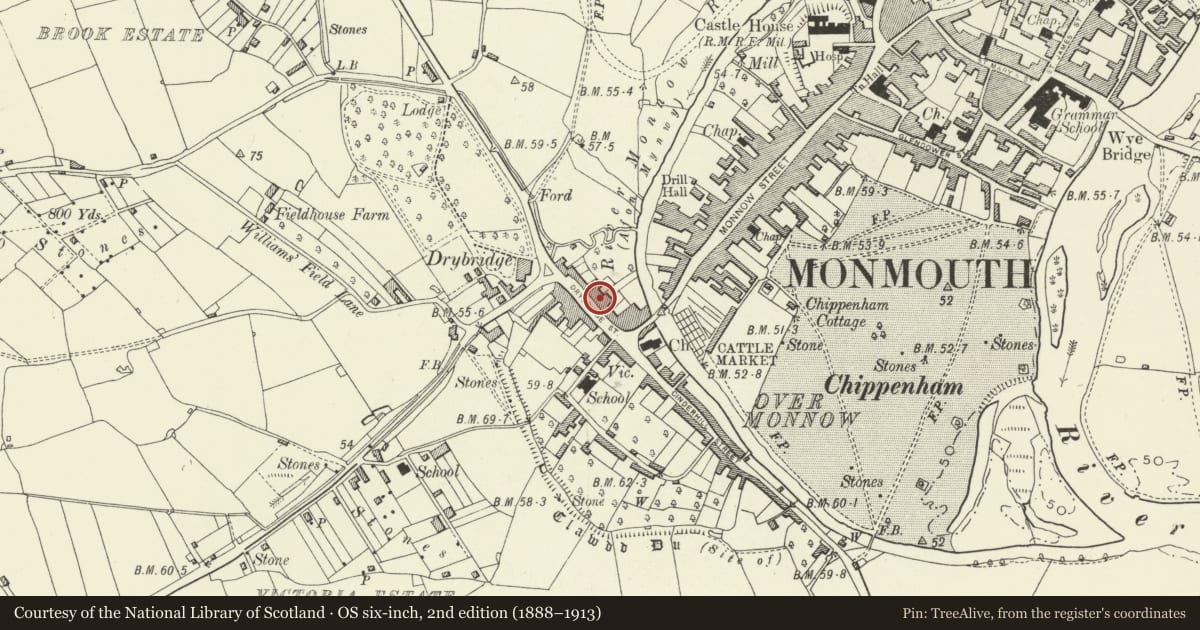 Ordnance Survey six-inch map, 2nd edition (1888–1913) covering the location of The Three Horseshoes Inn P H, Monmouth, Monmouthshire, with a pin at the register's coordinates