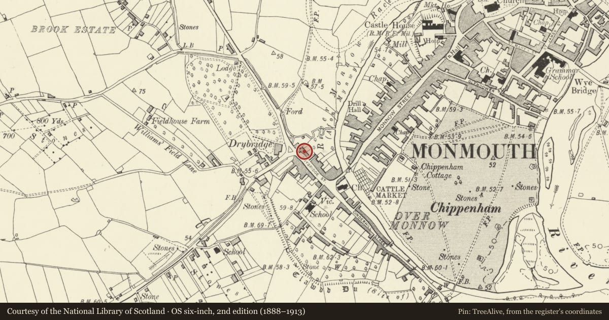 Ordnance Survey six-inch map, 2nd edition (1888–1913) covering the location of 37 Drybridge Street, Monmouth, Monmouthshire, with a pin at the register's coordinates