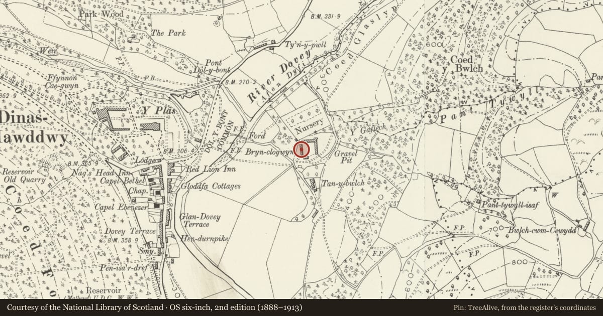 Ordnance Survey six-inch map, 2nd edition (1888–1913) covering the location of West farmyard range at Tan-y-bwlch, Mawddwy, Gwynedd, with a pin at the register's coordinates