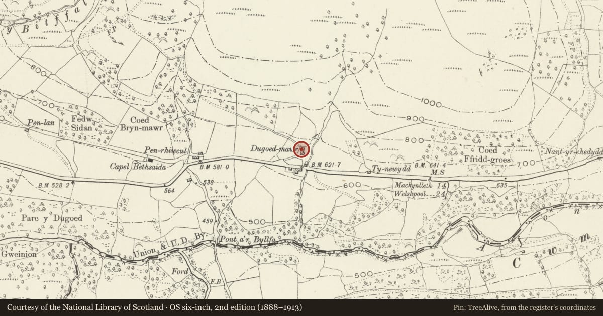 Ordnance Survey six-inch map, 2nd edition (1888–1913) covering the location of Dugoed-mawr, Mawddwy, Gwynedd, with a pin at the register's coordinates