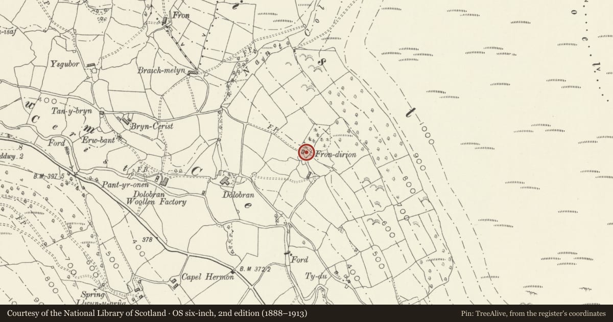 Ordnance Survey six-inch map, 2nd edition (1888–1913) covering the location of Fron-dirion, Mawddwy, Gwynedd, with a pin at the register's coordinates