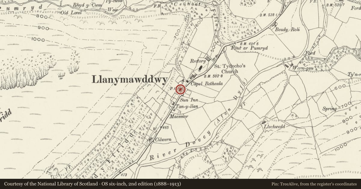 Ordnance Survey six-inch map, 2nd edition (1888–1913) covering the location of Tan-y-graean, Mawddwy, Gwynedd, with a pin at the register's coordinates
