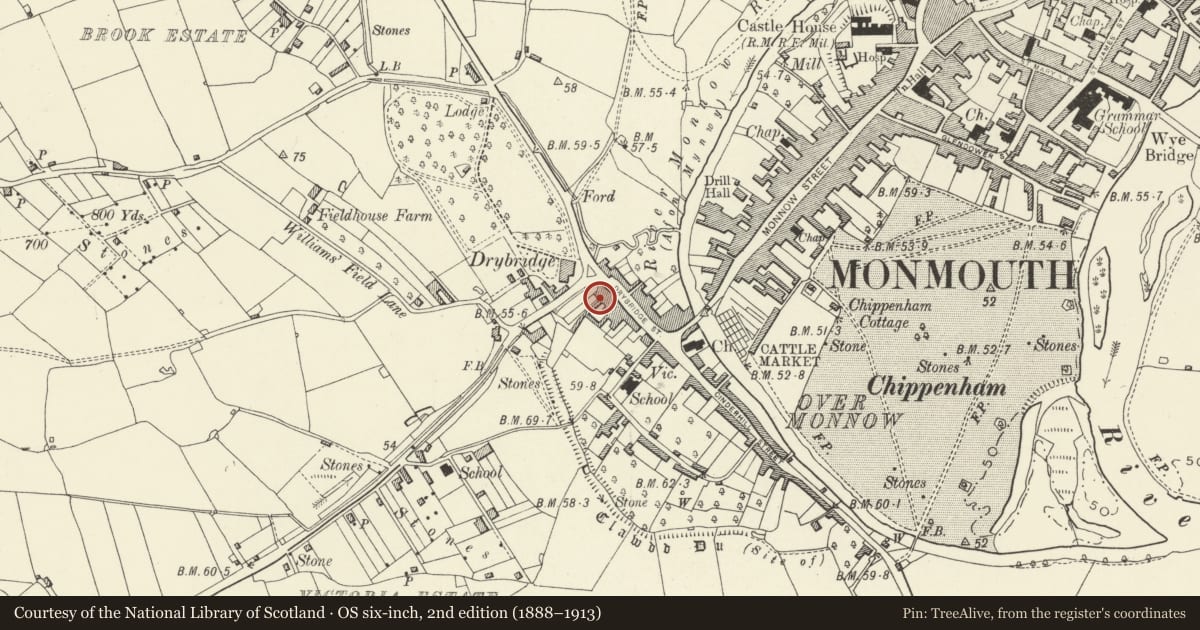 Ordnance Survey six-inch map, 2nd edition (1888–1913) covering the location of 1 Drybridge Terrace, Monmouth, Monmouthshire, with a pin at the register's coordinates