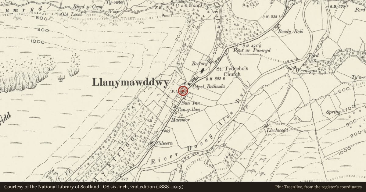 Ordnance Survey six-inch map, 2nd edition (1888–1913) covering the location of Pen-y-graean, Mawddwy, Gwynedd, with a pin at the register's coordinates