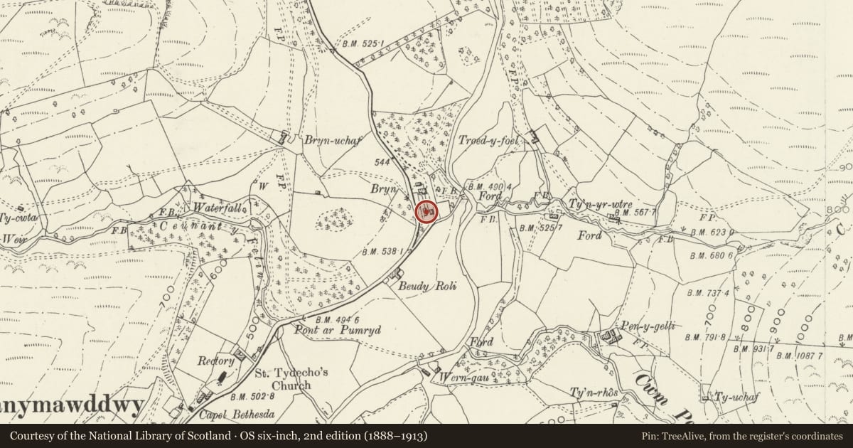 Ordnance Survey six-inch map, 2nd edition (1888–1913) covering the location of Bryn Hall, Mawddwy, Gwynedd, with a pin at the register's coordinates