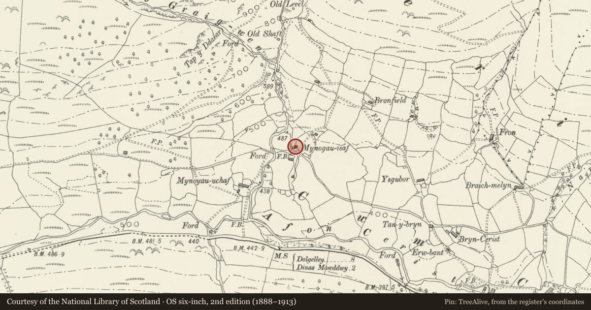 Ordnance Survey six-inch map, 2nd edition (1888–1913) covering the location of Mynogau-isaf, Mawddwy, Gwynedd, with a pin at the register's coordinates