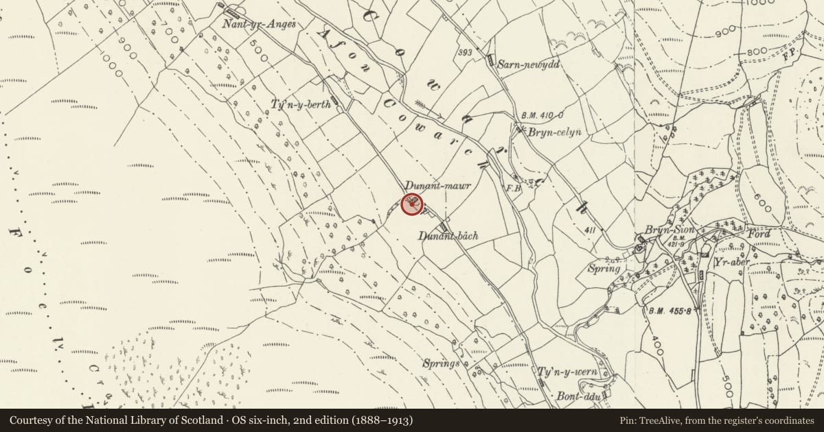 Ordnance Survey six-inch map, 2nd edition (1888–1913) covering the location of Deunant-mawr, Mawddwy, Gwynedd, with a pin at the register's coordinates