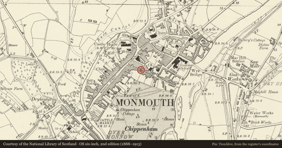 Ordnance Survey six-inch map, 2nd edition (1888–1913) covering the location of 1 Glendower Street, Monmouth, Monmouthshire, with a pin at the register's coordinates