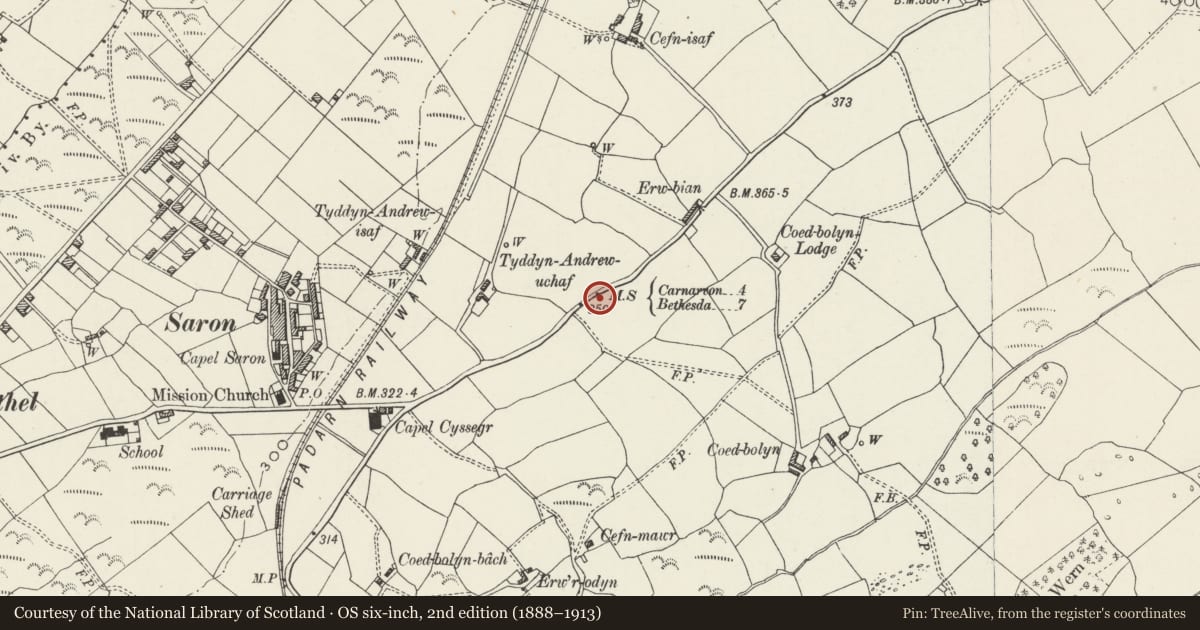 Ordnance Survey six-inch map, 2nd edition (1888–1913) covering the location of Milestone, Llanddeiniolen, Gwynedd, with a pin at the register's coordinates