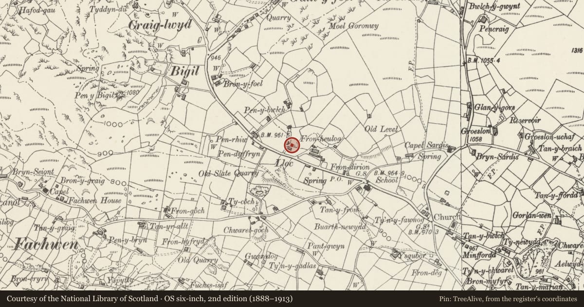 Ordnance Survey six-inch map, 2nd edition (1888–1913) covering the location of Disused cottage immediately to north-east of Maes Eilian, Llanddeiniolen, Gwynedd, with a pin at the register's coordinates