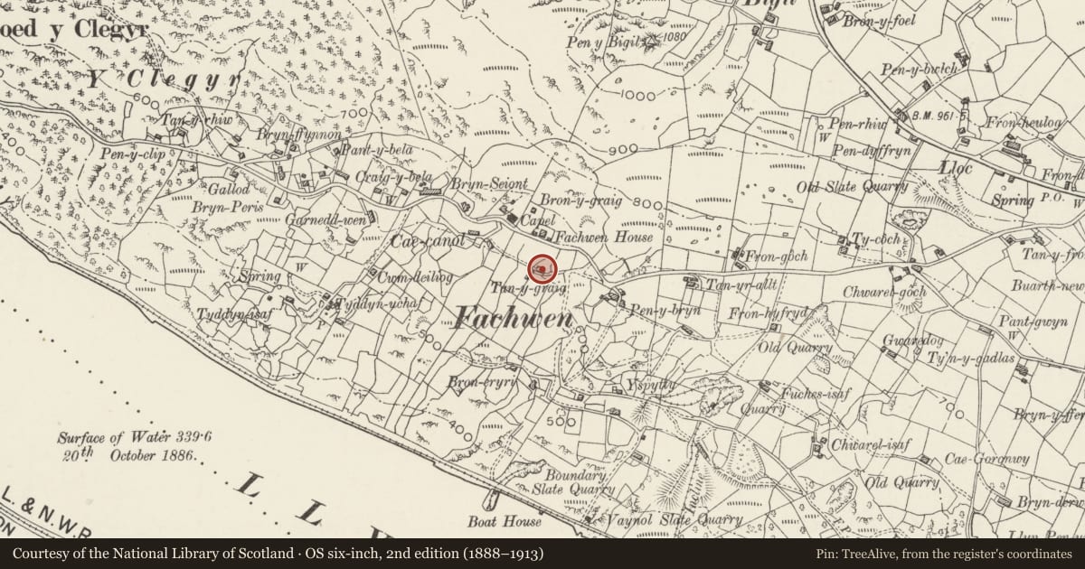 Ordnance Survey six-inch map, 2nd edition (1888–1913) covering the location of Tan y Graig, Llanddeiniolen, Gwynedd, with a pin at the register's coordinates