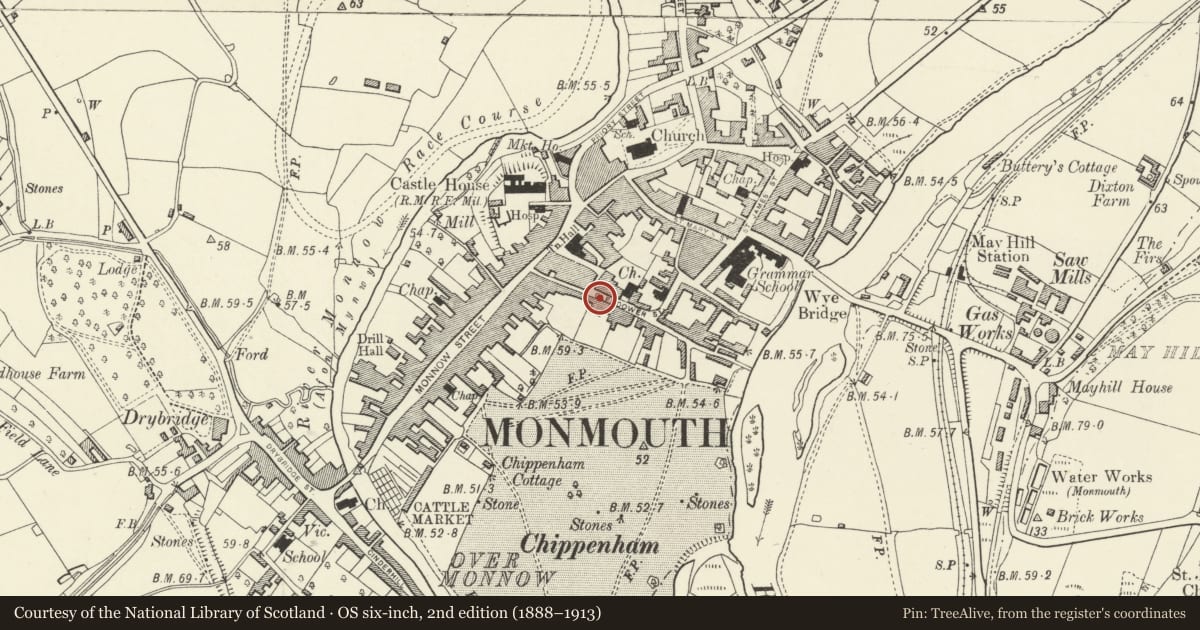 Ordnance Survey six-inch map, 2nd edition (1888–1913) covering the location of 5 Glendower Street, Monmouth, Monmouthshire, with a pin at the register's coordinates
