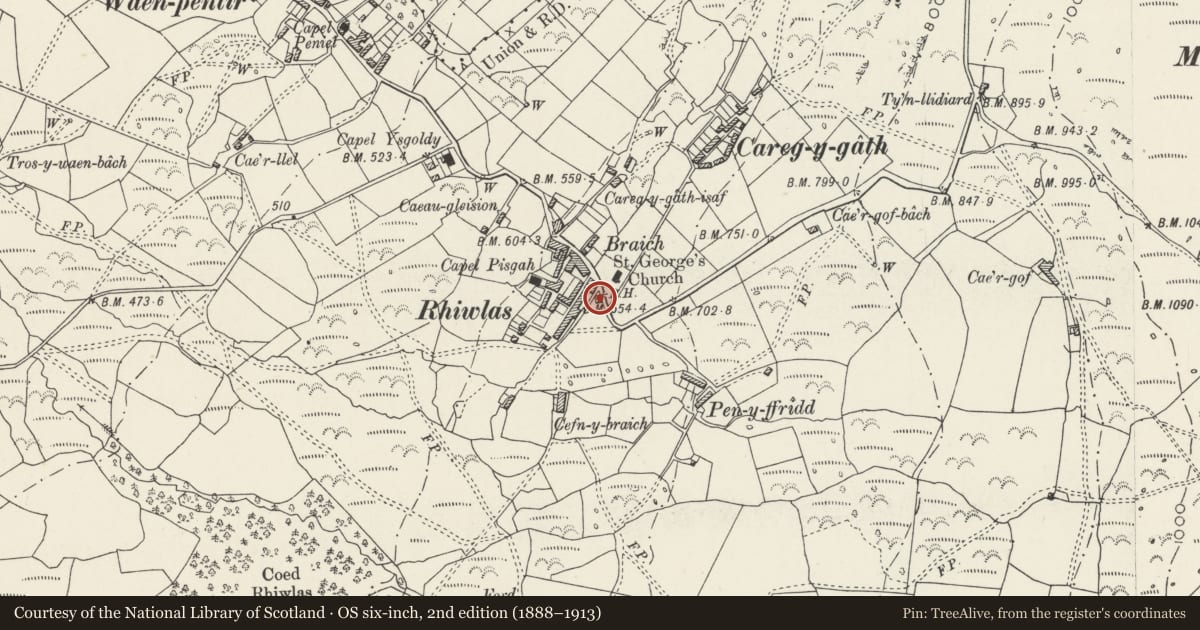Ordnance Survey six-inch map, 2nd edition (1888–1913) covering the location of Cefn Braich, Llanddeiniolen, Gwynedd, with a pin at the register's coordinates