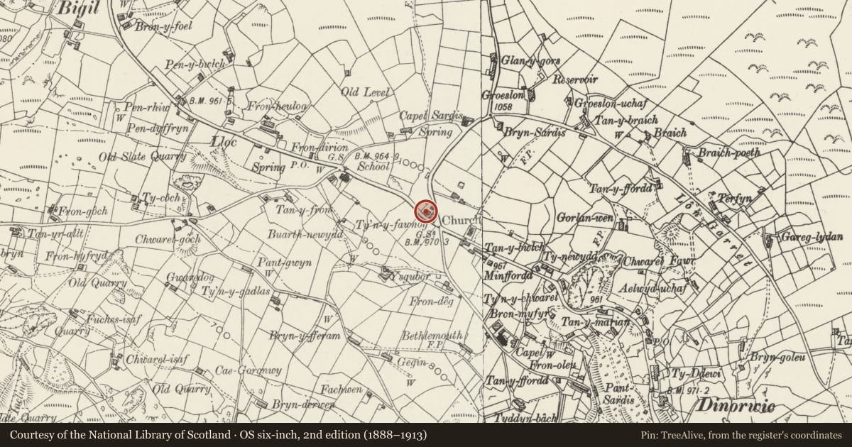 Ordnance Survey six-inch map, 2nd edition (1888–1913) covering the location of 1 Ty'n-fawnog, Llanddeiniolen, Gwynedd, with a pin at the register's coordinates