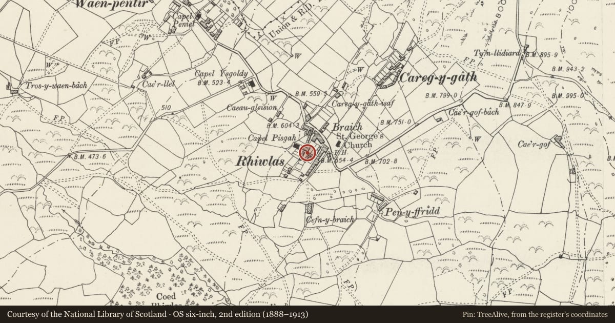 Ordnance Survey six-inch map, 2nd edition (1888–1913) covering the location of Tros-y-gonfa, Llanddeiniolen, Gwynedd, with a pin at the register's coordinates