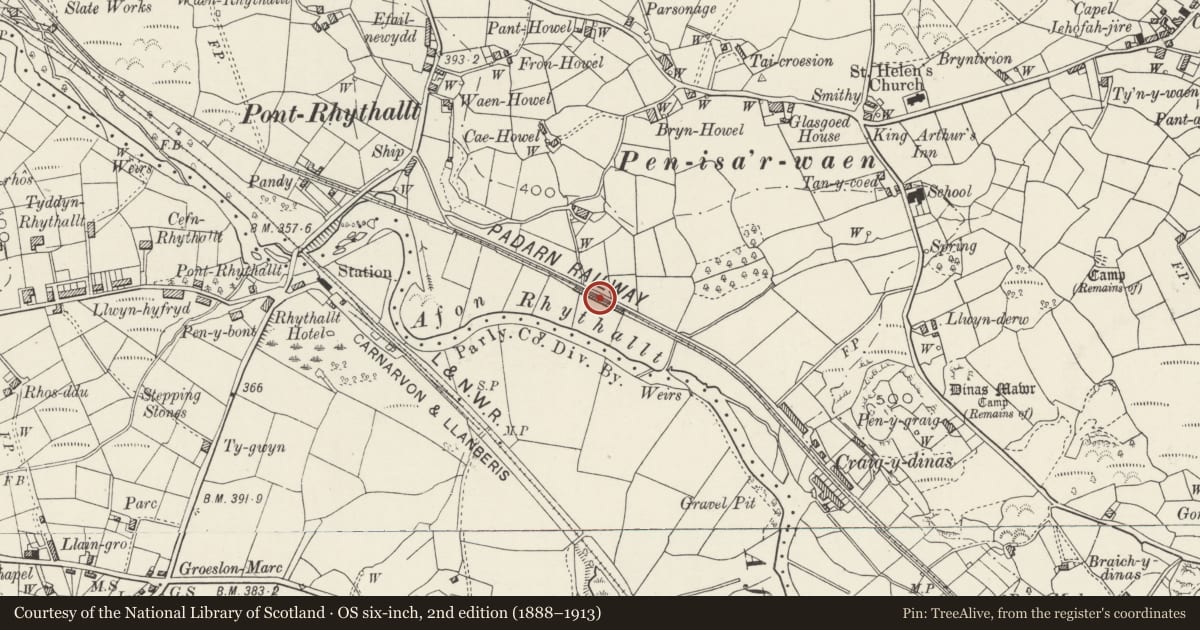 Ordnance Survey six-inch map, 2nd edition (1888–1913) covering the location of Former Railway Carriage Shed, Llanddeiniolen, Gwynedd, with a pin at the register's coordinates