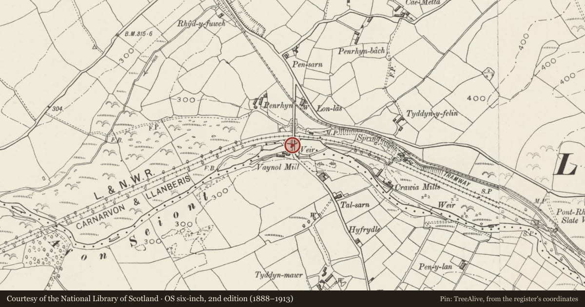 Ordnance Survey six-inch map, 2nd edition (1888–1913) covering the location of Bridge over the Afon Seiont (partly in Llanrug community), Llanddeiniolen, Gwynedd, with a pin at the register's coordinates