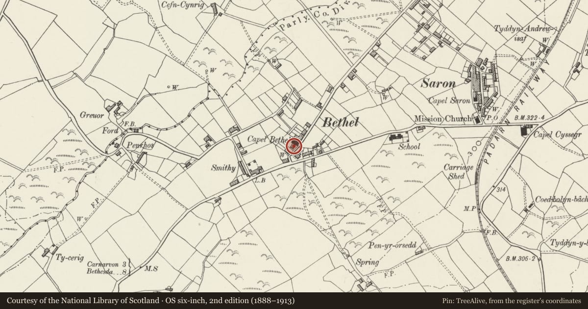 Ordnance Survey six-inch map, 2nd edition (1888–1913) covering the location of Sunday School/Vestry at Capel Bethel including railings to forecourt, Llanddeiniolen, Gwynedd, with a pin at the register's coordinates