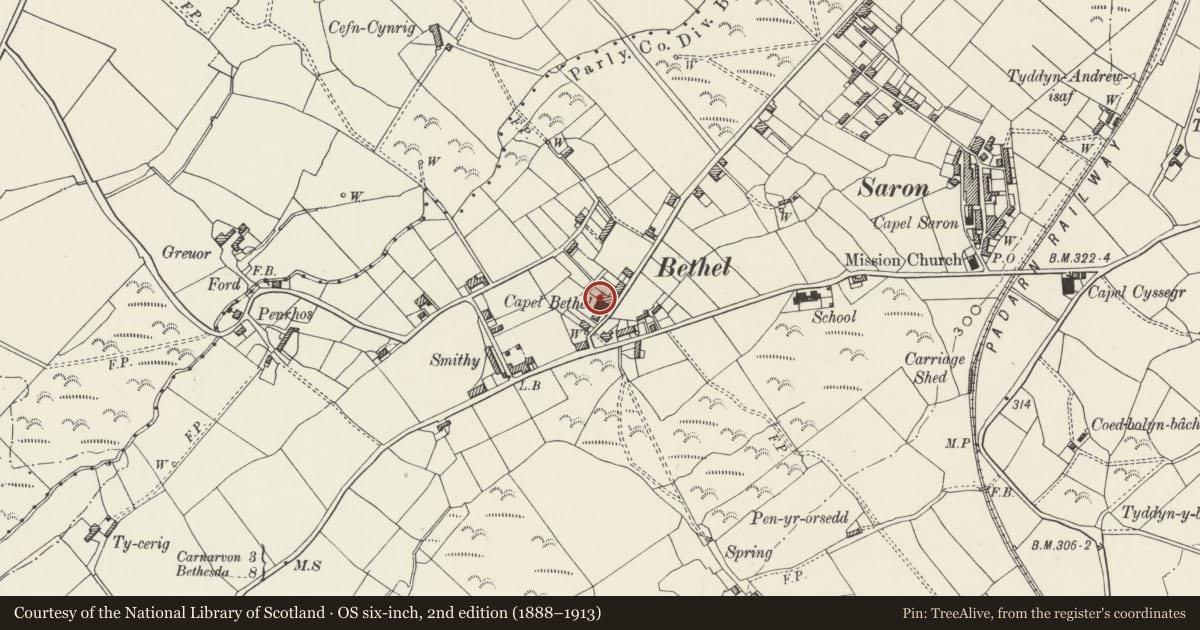 Ordnance Survey six-inch map, 2nd edition (1888–1913) covering the location of Griffith Family Monument, Llanddeiniolen, Gwynedd, with a pin at the register's coordinates