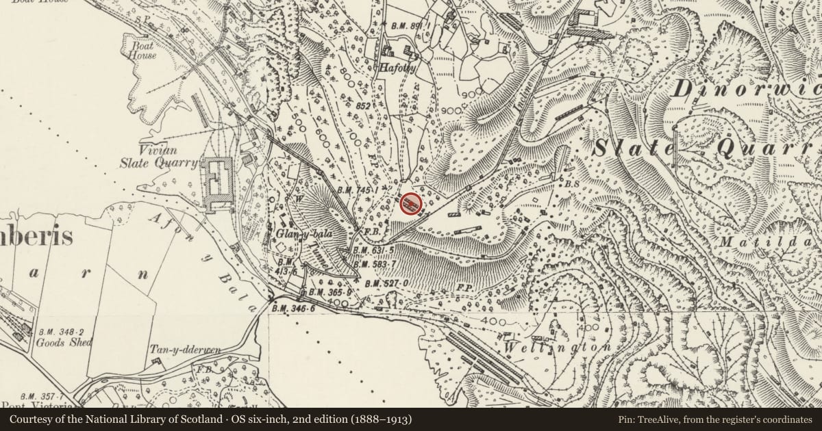 Ordnance Survey six-inch map, 2nd edition (1888–1913) covering the location of Quarryworkers' Barracks, Llanddeiniolen, Gwynedd, with a pin at the register's coordinates