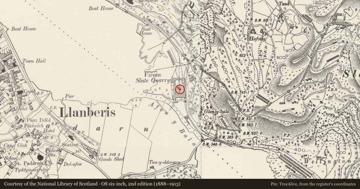 Ordnance Survey six-inch map, 2nd edition (1888–1913) covering the location of Dinorwic Slate Quarry Workshops (Welsh Slate Museum Buildings), Llanddeiniolen, Gwynedd, with a pin at the register's coordinates