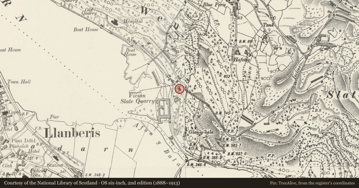 Ordnance Survey six-inch map, 2nd edition (1888–1913) covering the location of Locomotive Shed, Llanddeiniolen, Gwynedd, with a pin at the register's coordinates