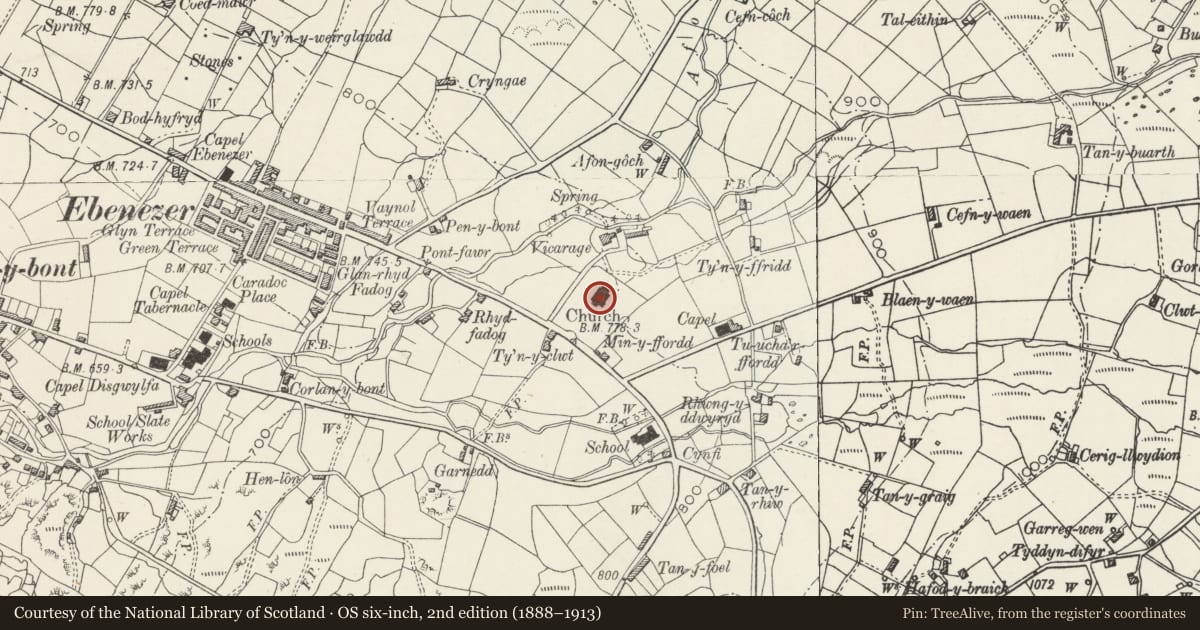 Ordnance Survey six-inch map, 2nd edition (1888–1913) covering the location of Eglwys Crist (Christ Church), Llanddeiniolen, Gwynedd, with a pin at the register's coordinates
