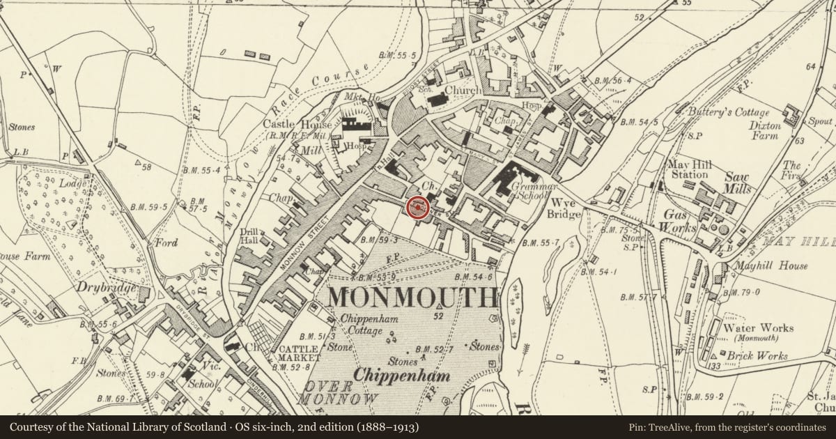 Ordnance Survey six-inch map, 2nd edition (1888–1913) covering the location of St. John's, Monmouth, Monmouthshire, with a pin at the register's coordinates