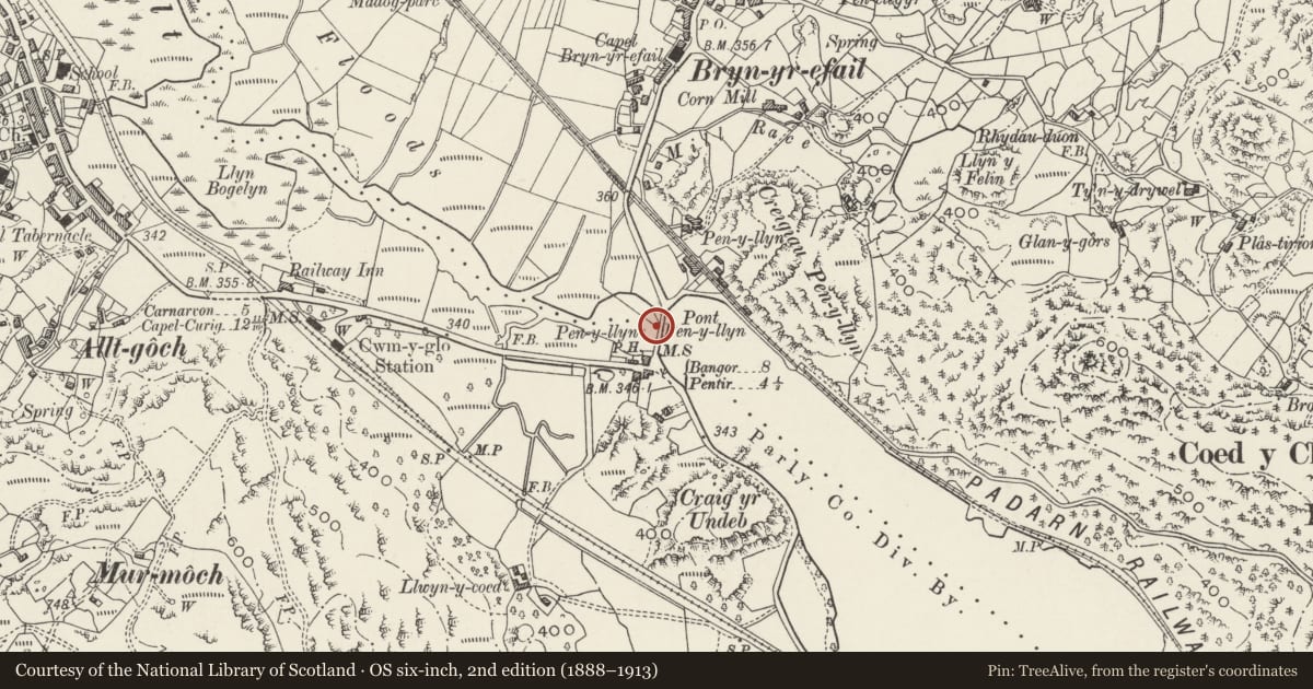 Ordnance Survey six-inch map, 2nd edition (1888–1913) covering the location of Pont Penllyn (partly in Llanberis Community), Llanddeiniolen, Gwynedd, with a pin at the register's coordinates
