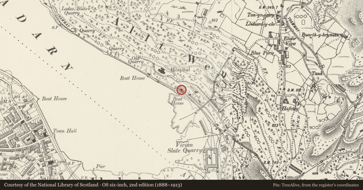 Ordnance Survey six-inch map, 2nd edition (1888–1913) covering the location of Locomotive Shed, Llanddeiniolen, Gwynedd, with a pin at the register's coordinates