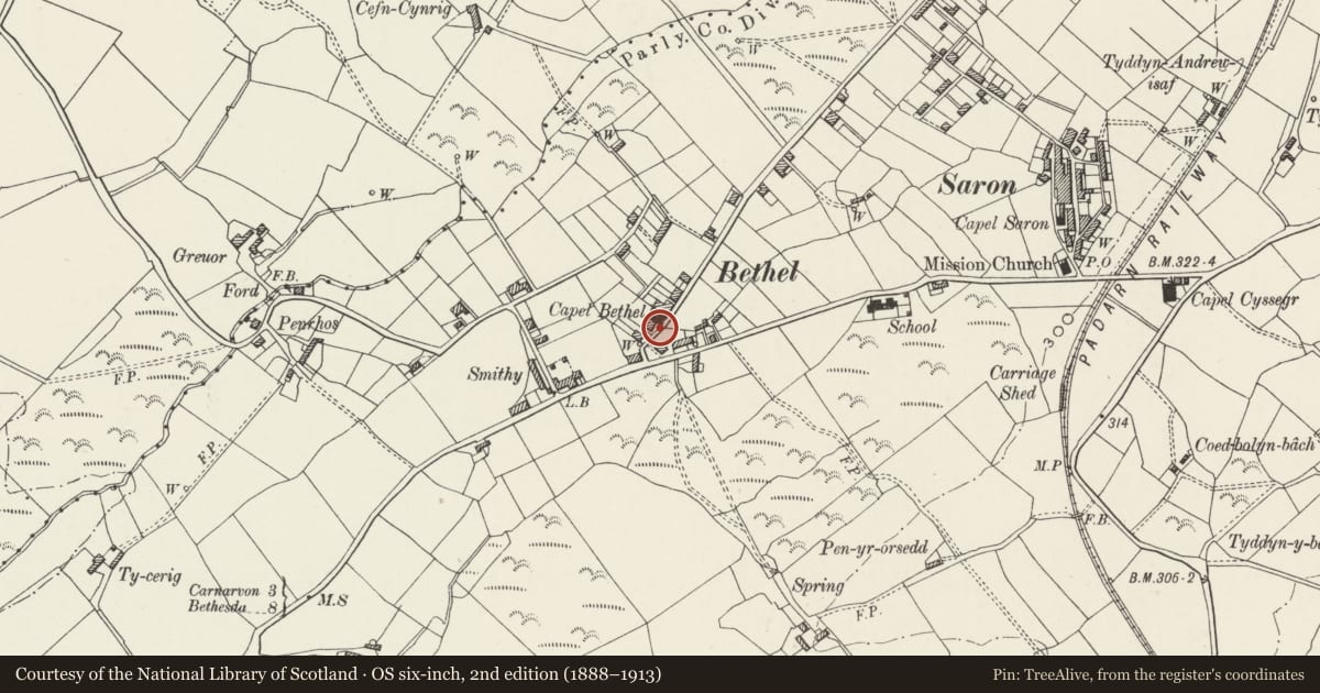 Ordnance Survey six-inch map, 2nd edition (1888–1913) covering the location of Obelisk Memorial to Robert Griffith, Llanddeiniolen, Gwynedd, with a pin at the register's coordinates