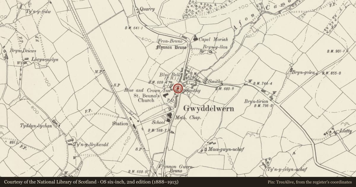 Ordnance Survey six-inch map, 2nd edition (1888–1913) covering the location of Ty Mawr, Gwyddelwern, Denbighshire, with a pin at the register's coordinates