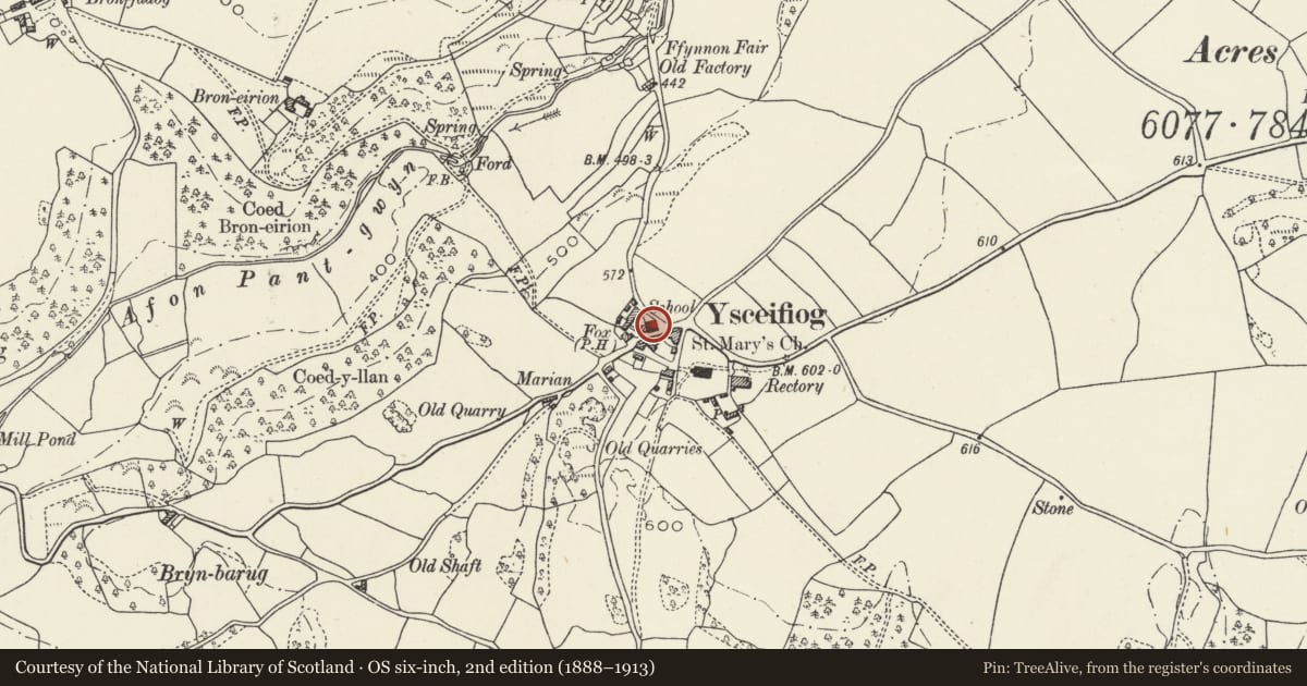 Ordnance Survey six-inch map, 2nd edition (1888–1913) covering the location of Ysceifiog Community Hall, Flintshire, with a pin at the register's coordinates