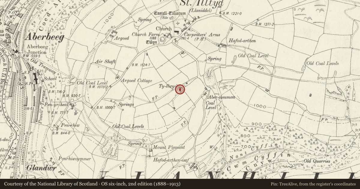 Ordnance Survey six-inch map, 2nd edition (1888–1913) covering the location of Ty-llwyd, Llanhilleth, Blaenau Gwent, with a pin at the register's coordinates