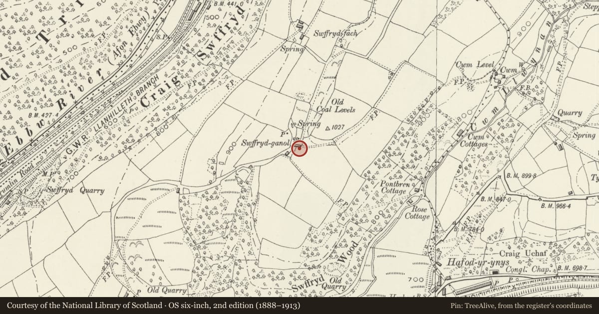 Ordnance Survey six-inch map, 2nd edition (1888–1913) covering the location of Barn Range including cow-house at Swffryd-ganol, Llanhilleth, Blaenau Gwent, with a pin at the register's coordinates