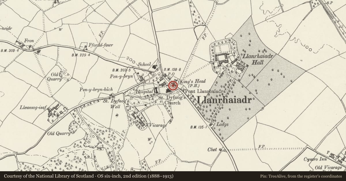 Ordnance Survey six-inch map, 2nd edition (1888–1913) covering the location of Lychgate and Churchyard Walls, including Sundial Base, at St Dyfnog's Church, Llanrhaeadr-Yng-Nghinmeirch, Denbighshire, with a pin at the register's coordinates