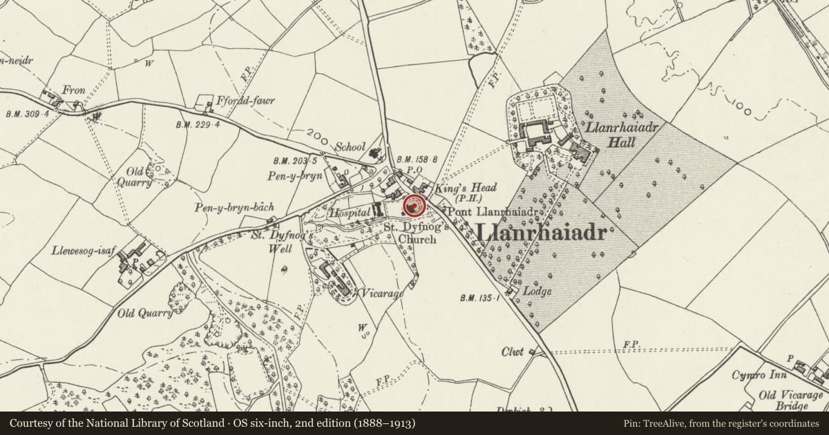Ordnance Survey six-inch map, 2nd edition (1888–1913) covering the location of Chest Tomb at St Dyfnog's Church, Llanrhaeadr-Yng-Nghinmeirch, Denbighshire, with a pin at the register's coordinates
