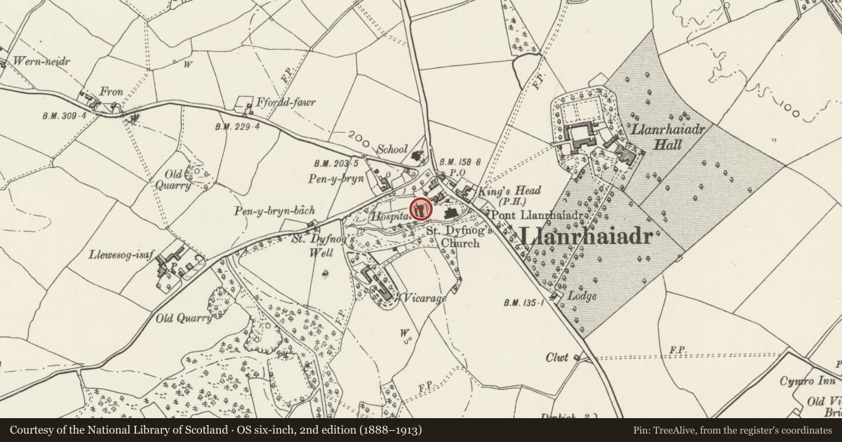 Ordnance Survey six-inch map, 2nd edition (1888–1913) covering the location of No.2 The Almshouses, Llanrhaeadr-Yng-Nghinmeirch, Denbighshire, with a pin at the register's coordinates