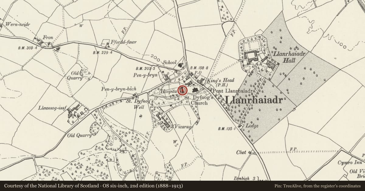 Ordnance Survey six-inch map, 2nd edition (1888–1913) covering the location of No.3 The Almshouses, Llanrhaeadr-Yng-Nghinmeirch, Denbighshire, with a pin at the register's coordinates