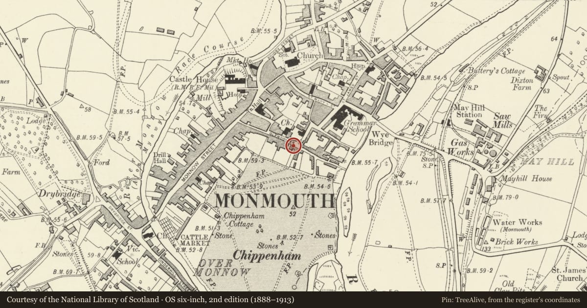 Ordnance Survey six-inch map, 2nd edition (1888–1913) covering the location of Monmouth Police Station, Monmouthshire, with a pin at the register's coordinates