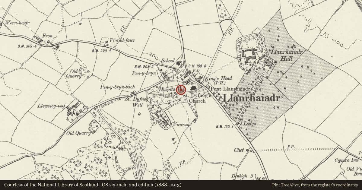 Ordnance Survey six-inch map, 2nd edition (1888–1913) covering the location of No.4 The Almshouses, Llanrhaeadr-Yng-Nghinmeirch, Denbighshire, with a pin at the register's coordinates
