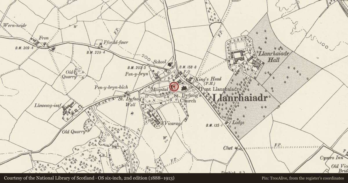 Ordnance Survey six-inch map, 2nd edition (1888–1913) covering the location of Gates, Gatepiers and Forecourt Walls, including associated Arch and Bridge to S, at the Almshouses, Llanrhaeadr-Yng-Nghinmeirch, Denbighshire, with a pin at the register's coordinates